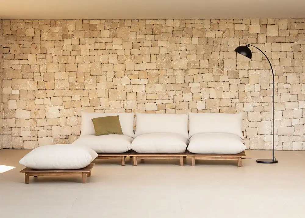 Divano reclinabile modulare da giardino a 3 pezzi con pouf in legno di acacia Brina Subito Disponibile