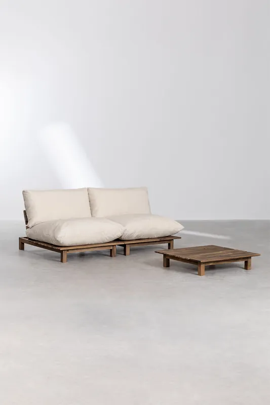 Offerta Lampo Set soggiorno con divano reclinabile modulare 2 pezzi e tavolino in legno di acacia Brina