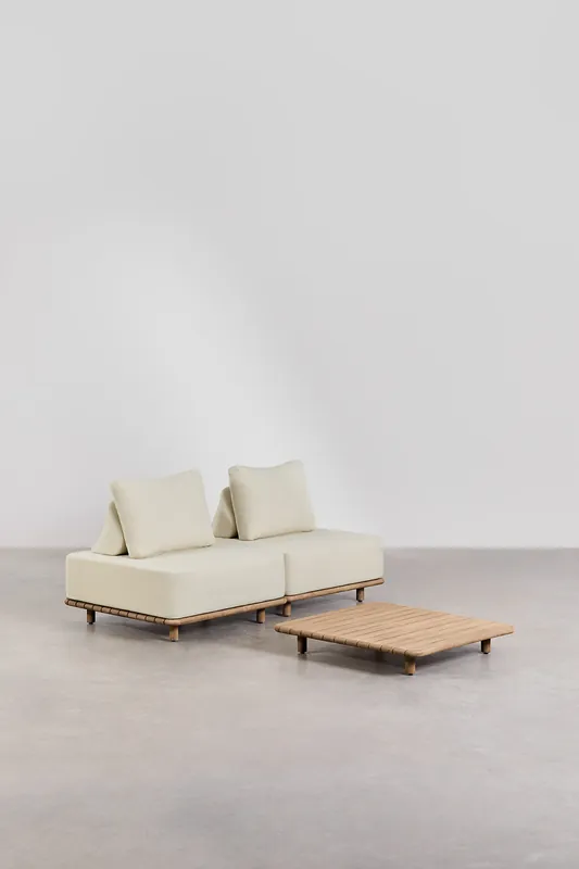 Prezzo Conveniente Set da salotto con divano modulare a 2 pezzi e tavolino 95x95 cm in acacia Portet