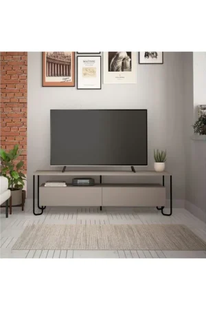 Nuovo Arrivo Mobile da Sala Porta TV in Legno Due Ante a Ribalta Tortora Piedi in Metallo