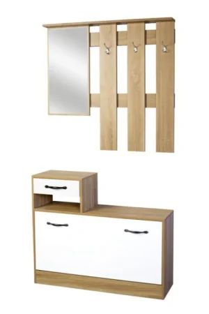 Nuova Collezione Mobile Scarpiera per Ingresso con Specchio e Appendiabiti Legno Rovere