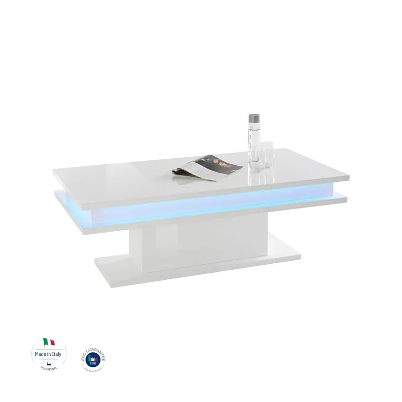 Tavolino da Caffè 100cm Bianco Lucido con led Basso da Soggiorno Promo Stagionale