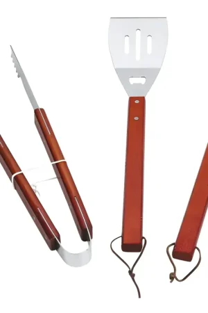Offerta Lampo Set Utensili Barbecue 46 cm 3 Pezzi Manico in Legno Rosso per Griglia