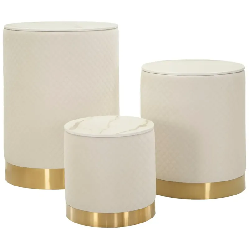 Prezzo Basso Set 3 Pouf Contenitori Crema Oro Legno Metallo da Interno Espositori