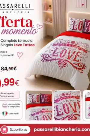 Offerta Limitata Bassetti Completo Lenzuola Copriletto Singolo Love Tattoo