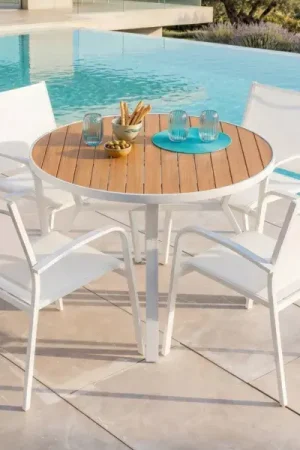 Miglior Prezzo Tavolo da giardino rotondo in alluminio 5 posti (D105 cm) Murano Bianco e effetto legno
