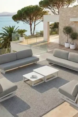 Prezzo Conveniente Set da giardino in alluminio 8 posti 6 pezzi Long Beach Bianco cenere e tortora