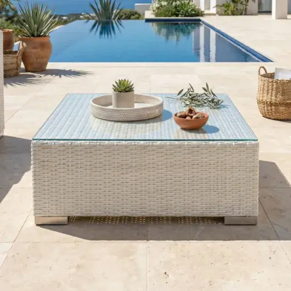 Tavolino da giardino quadrato in resina intrecciata Palma Bianco Vendita Finale