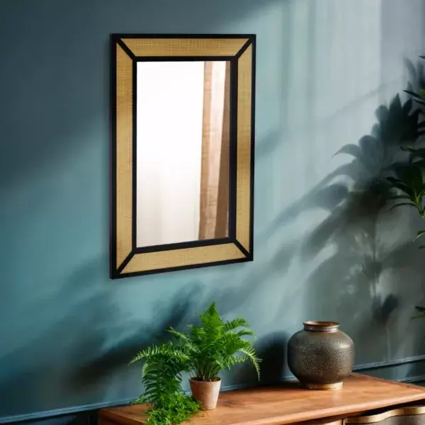 Promozione Specchio da parete in metallo (Alt 101 cm) Rattan intrecciato Naturale e nero