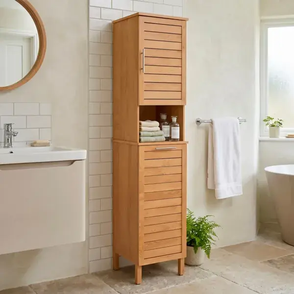 Reso Gratuito Mobile colonna bagno con cesto per biancheria integrato in legno (173 x 38 cm) Colonial Naturale