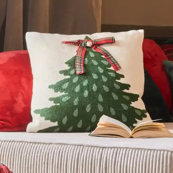 Cuscino di Natale quadrato in cotone (45 x 45 cm) Albero di Natale Tartan Rosso Di Tendenza