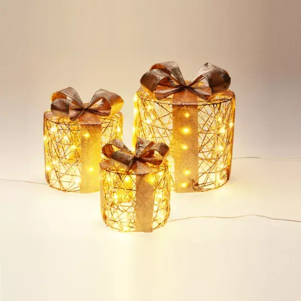 Set di 3 regali luminosi con pile 135 LED (H25 cm) Rotondo e chic Bianco caldo dorato Subito Disponibile