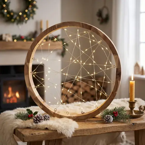 Spedito Oggi Anello luminoso a pile 97 LED (D32 cm) Astro in legno Bianco caldo