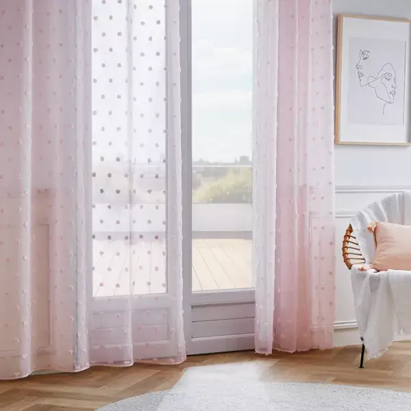 Tenda trasparente occhielli pon pon (140 x 280 cm) Emie Rosa Economico