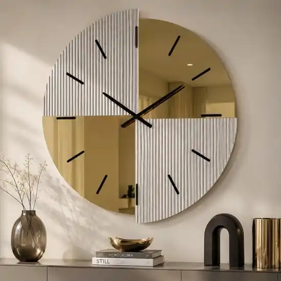 Orologio da parete 80 cm vetro specchio cannettato e oro design moderno per salone Consegna Rapida