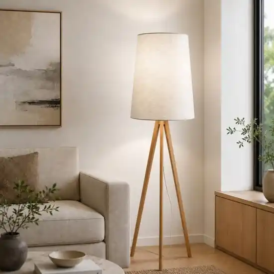 Spedito Oggi Piantana di legno scandinavo paralume di lino
