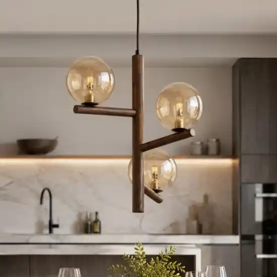 Lampadario stile nordico per cucina in legno noce sfere di vetro ambra Acquista Ora