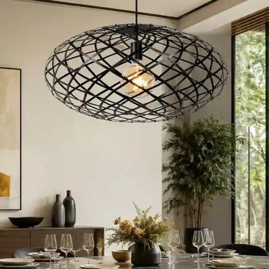 Lampadario tondo intreccio metallo nero per soggiorno Compra Oggi Stesso