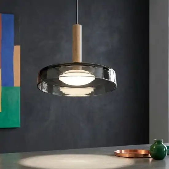 Nuova Collezione Lampadario a sospensione da bagno design vetro fume legno led 3000k dimmerabile