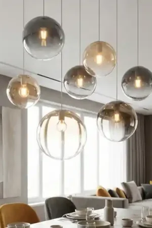Offerta Limitata Lampadario moderno sfere di vetro ambra fume sospese per tavolo soggiorno