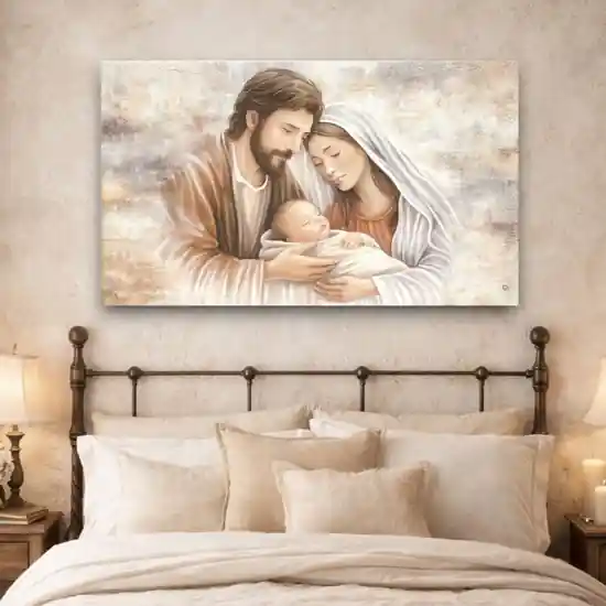 Capezzale sacra famiglia dimora del cuore tela decorata 120x70 Quantità Limitata