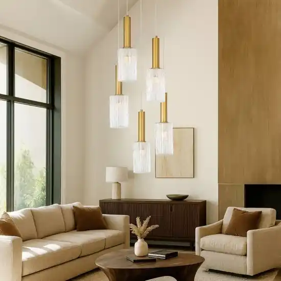 Lampadario dorato 5 vetri pendenti a cascata stile contemporaneo Esclusivo