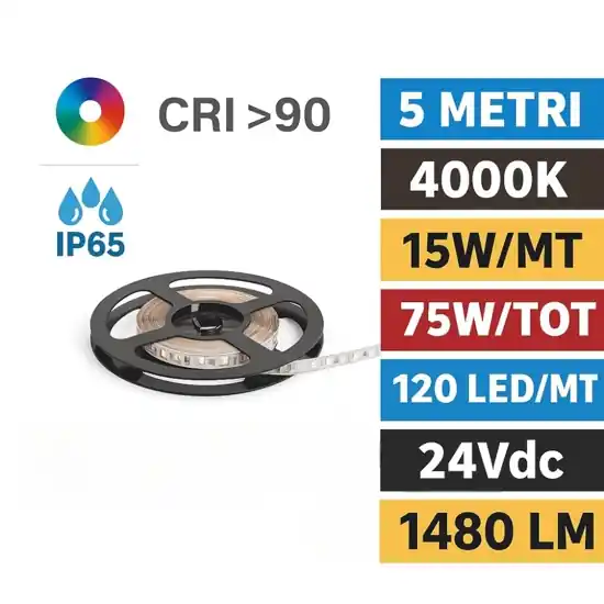 Prezzo Basso Bobina 5mt striscia led per esterno 14,4w-mt 4000k ip65 24v cri90 ideal lux