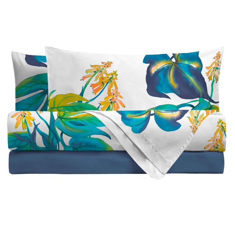 Economico Completo Letto Copriletto Matrimoniale in Cotone con Stampa Digitale - Fantasia Dominica Blu