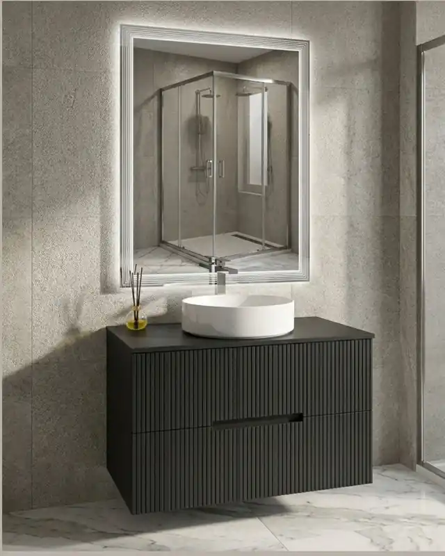 Promozione Mobile bagno sospeso 80 cm nero opaco cannettato e top - Crystal